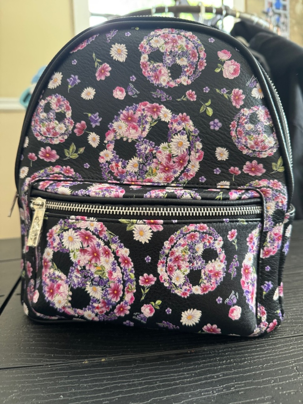Loungefly Black Mini Backpack with Pink & Purple Floral Peace Signs